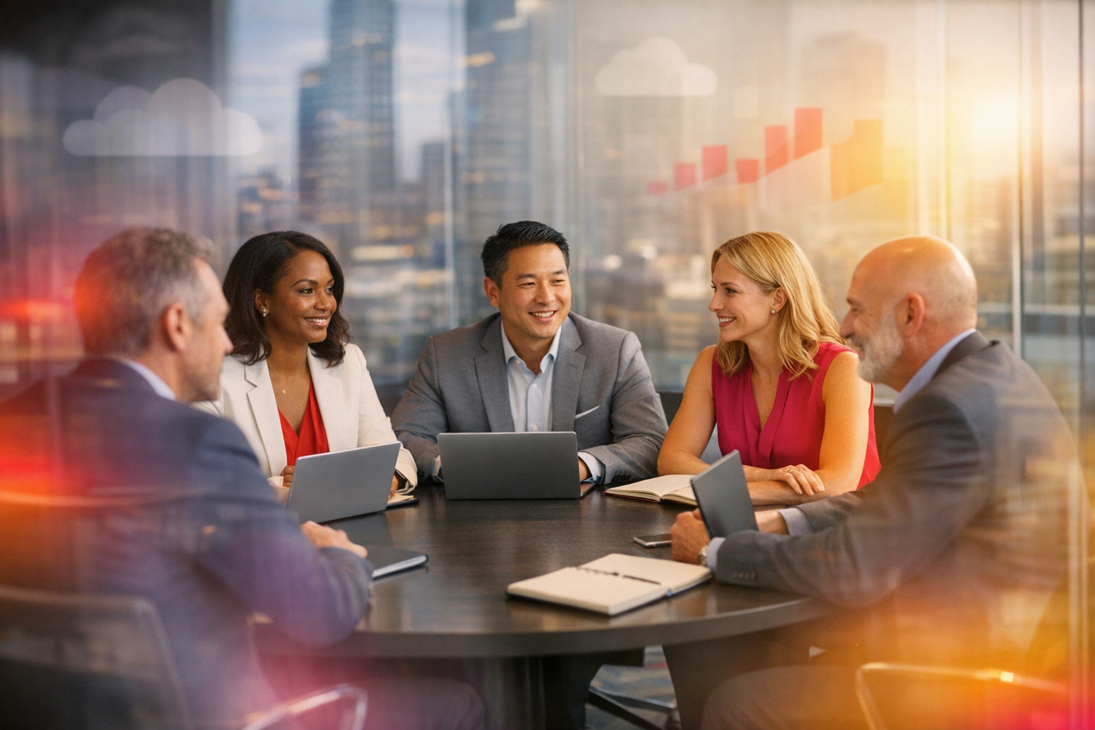 Here’s a photorealistic roundtable scene with a diverse fintech leadership team, shot through glass with city reflections and brand-colored light acce
